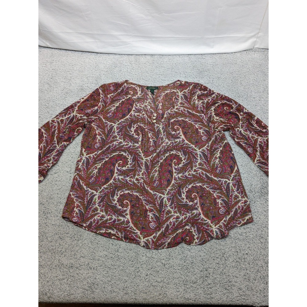 Lauren Ralph Lauren Top Womens XL Red Paisley Long Sleeve Button Up Tunic Blouse